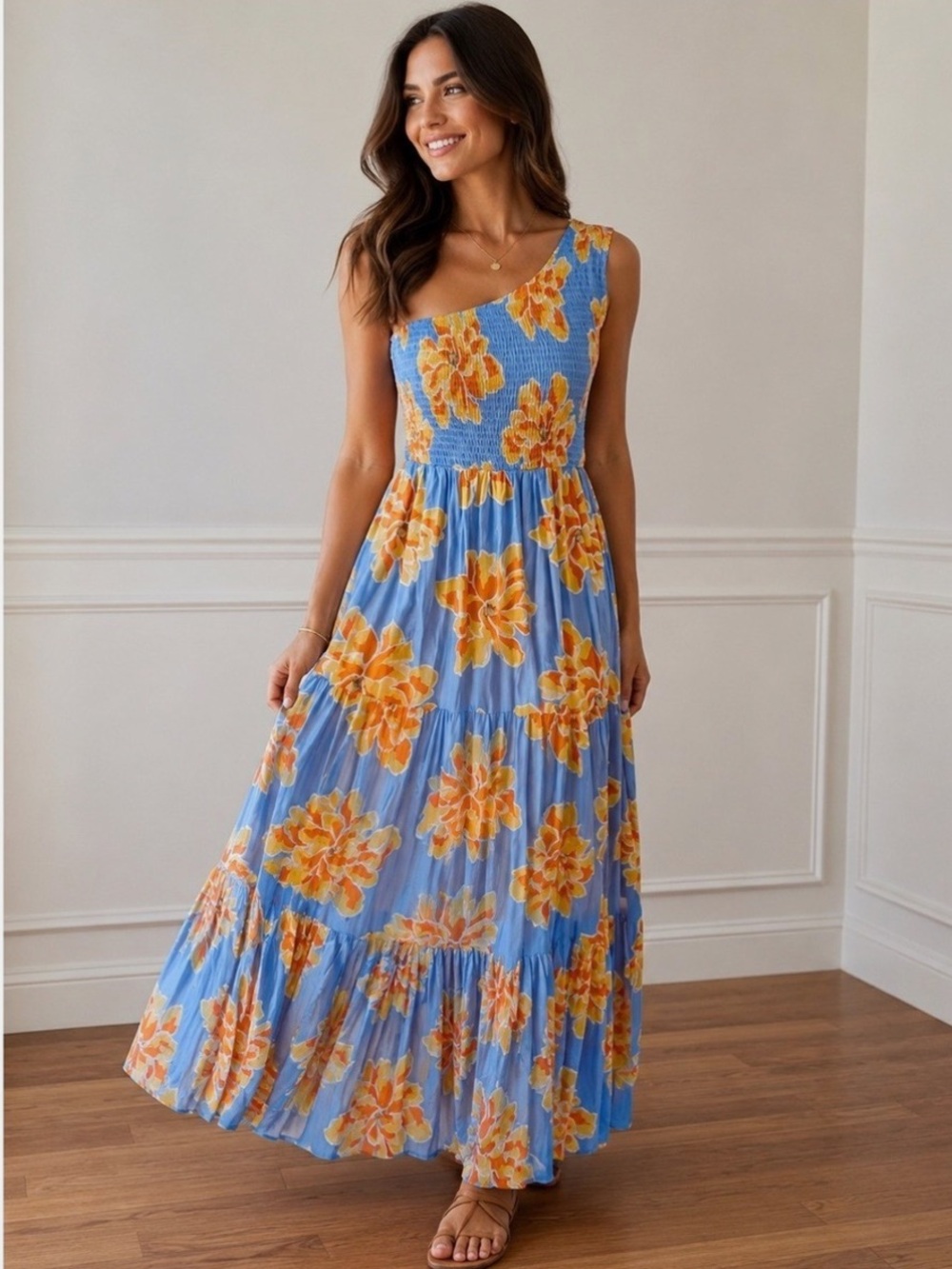 Anthropologie Abel the Label Blue Dress with Orange Floral Pattern